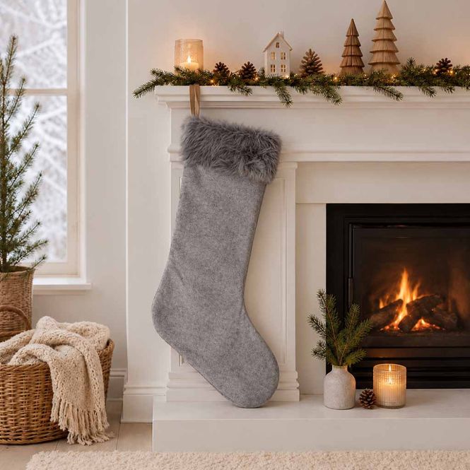 Hovedbilde Julestrømpe med fuskepels grå stor