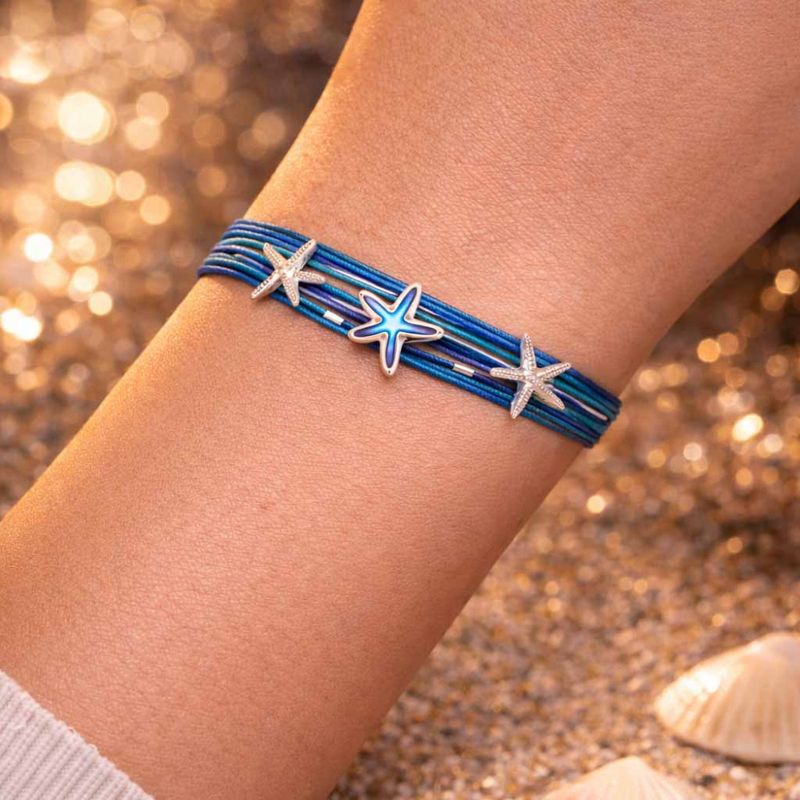 Armbånd ATLANTIS 3 sjøstjerner blå cords sølv Onirolithi