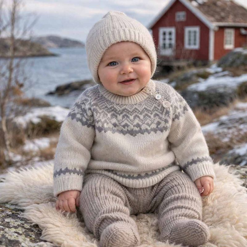 Baby Genser m Nordisk mønster Merinoull Beige Grå FUB 